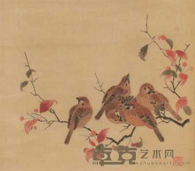 刘英 红叶小鸟 镜心 37.5×42cm